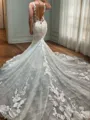 Sheath/Column Enchanting V-neck Cathedral Train Tulle Corset Wedding Dress With Appliques Lace