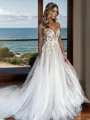 Breathtaking A-line V-neck Chapel Train Tulle Wedding Dress With Appliques Lace