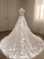 A-line Elegant Sweetheart Cathedral Train Tulle Corset Wedding Dress With Appliques Lace