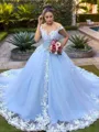 Gorgeous Ball-Gown Scoop Cathedral Train Tulle Wedding Dress With Appliques Lace