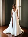 A-line Charming V-neck Court Train Satin Wedding Dress With Slit