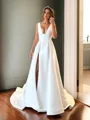 A-line Charming V-neck Court Train Satin Wedding Dress With Slit