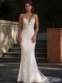 Sheath/Column Trendy V-neck Court Train Tulle Wedding Dress With Appliques Lace