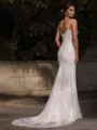 Sheath/Column Trendy V-neck Court Train Tulle Wedding Dress With Appliques Lace