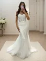 Sheath/Column Fashion Off-the-Shoulder Sweep Train Sequins Wedding Dress With Appliques Lace