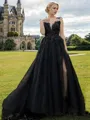 Chic A-line Bateau Chapel Train Tulle Black Wedding Dress With Slit