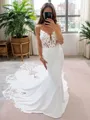 Fitted Trumpet/Mermaid V-neck Cathedral Train Stretch Crepe Wedding Dress With Appliques Lace