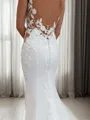 Fitted Trumpet/Mermaid V-neck Cathedral Train Stretch Crepe Wedding Dress With Appliques Lace