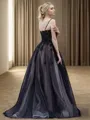 Princess A-line V-neck Sweep Train Tulle Black Wedding Dress With Appliques Lace