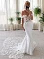 Trumpet/Mermaid Curvaceous Off-the-Shoulder Cathedral Train Stretch Crepe Corset Wedding Dress With Appliques Lace