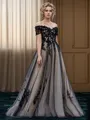 A-line Charming Off-the-Shoulder Short Sleeves Floor-Length Tulle Black Wedding Dress With Appliques Lace