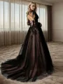 Princess A-line V-neck Long Sleeves Court Train Tulle Black Wedding Dress With Appliques Lace