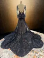 Trumpet/Mermaid Alluring Bateau Long Sleeves Cathedral Train Tulle Black Wedding Dress With Appliques Lace
