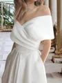 Trendy A-line Off-the-Shoulder Pleated Tea-Length Satin Wedding Dress