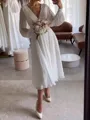 Unique A-line V-Neck Long Sleeves Pleated Tea-Length 30D Chiffon Wedding Dress