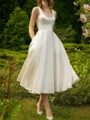Pretty A-line Straps Tea-Length Satin Wedding Dress