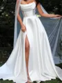 Opulent A-Line Straight Pleated Court Train Satin Corset Wedding Dress