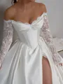 Stunning A-Line Off-the-Shoulder Long Sleeves Appliques Lace Floor-Length Satin Corset Wedding Dress