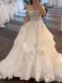 Grand A-Line Off-the-Shoulder Appliques Lace Chapel Train Tulle Corset Wedding Dress