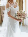 Pretty Sheath Off-the-Shoulder Pleated Chapel Train Silk Like Satin Corset Wedding Dress