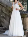Hot A-Line V-Neck Appliques Lace Sweep Train Chiffon Wedding Dress