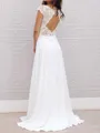 Delicate A-Line Scoop Short Sleeves Appliques Lace Sweep Train Chiffon Corset Wedding Dress