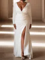 Stunning Sheath V-Neck Long Sleeves Pleated Sweep Train Wedding Dress