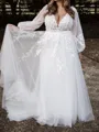 Breathtaking A-Line V-Neck Long Sleeves Appliques Lace Floor-Length Tulle Wedding Dress