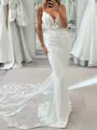 Aristocratic Sheath Spaghetti Straps Appliques Lace Cathedral Train Charmeuse Corset Wedding Dress