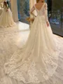 Magnificent A-Line V-Neck Long Sleeves Appliques Lace Chapel Train Tulle Corset Wedding Dress