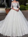 Splendiferous Ball-Gown Off-the-Shoulder 1/2 Sleeves Appliques Lace Chapel Train Tulle Corset Wedding Dress