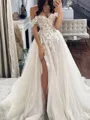 Stunning A-Line Off-the-Shoulder Appliques Lace Sweep Train Tulle Wedding Dress