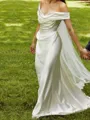 Hermosos Sheath Off-the-Shoulder Pleated Floor-Length Silk Like Satin Wedding Dress