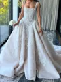 Unique A-Line Straps Appliques Lace Cathedral Train Tulle Corset Wedding Dress