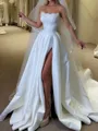 Stunning A-Line Straight Appliques Lace Chapel Train Satin Corset Wedding Dress