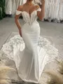 Breathtaking Mermaid Off-the-Shoulder Appliques Lace Cathedral Train Charmeuse Corset Wedding Dress