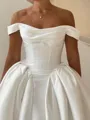 Striking A-Line Off-the-Shoulder Pleated Cathedral Train Satin Corset Wedding Dress