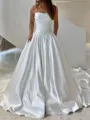 Extravagant A-Line Straight Pleated Cathedral Train Satin Corset Wedding Dress