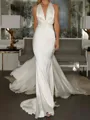 Classy Sheath V-Neck Pleated Court Train Silk Like Satin Wedding Dress