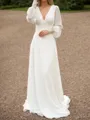 Hermosos A-Line V-Neck Long Sleeves Appliques Lace Floor-Length Chiffon Wedding Dress