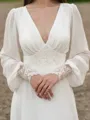 Hermosos A-Line V-Neck Long Sleeves Appliques Lace Floor-Length Chiffon Wedding Dress