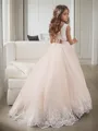 Ball-Gown Princess Jewel Sleeveless Sweep Train Precious Tulle Flower Girl Dress With Lace