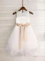 A-line Princess Graceful Scoop Sleeveless Tea-Length Tulle Flower Girl Dress