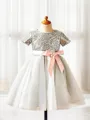 A-line Princess Scoop Charming Short Sleeves Tea-Length Tulle Flower Girl Dress With Sequins