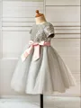 A-line Princess Scoop Charming Short Sleeves Tea-Length Tulle Flower Girl Dress With Sequins
