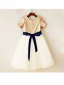 A-line Princess Scoop Charming Short Sleeves Tea-Length Tulle Flower Girl Dress With Sequins