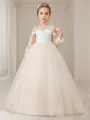 Ball-Gown Princess Scoop Long Sleeves Celebratory Sweep Train Tulle Flower Girl Dress