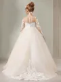 Ball-Gown Princess Scoop Long Sleeves Celebratory Sweep Train Tulle Flower Girl Dress