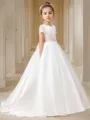 Sweet Ball-Gown Scoop Short Sleeves Sweep Train Satin Flower Girl Dress