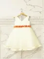 A-line Princess V-neck Sleeveless Tea-Length Tulle Sweet Flower Girl Dress With Hand-Made Flower